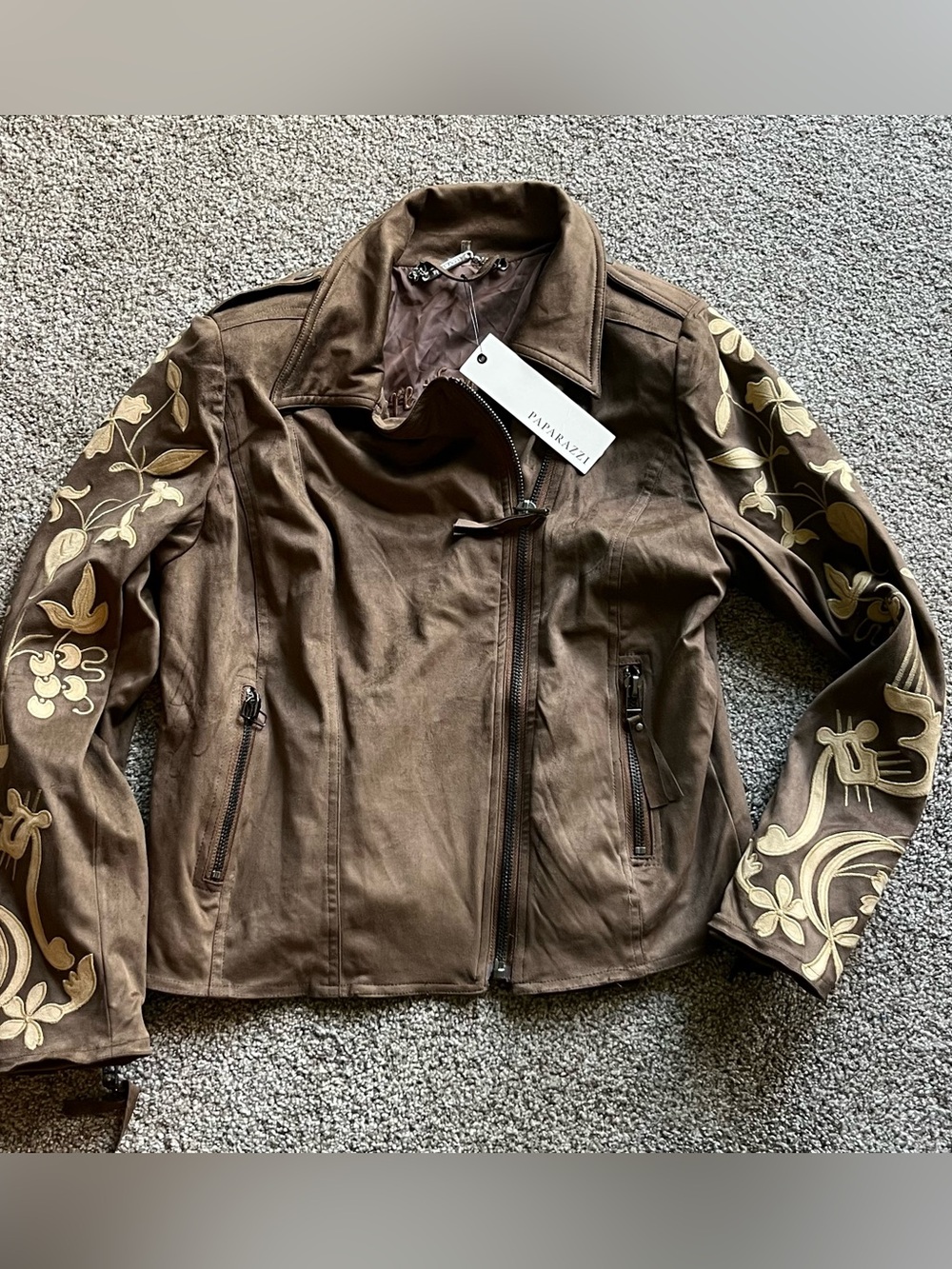 Paparazzi Brown Floral-Embroidered Moto Jacket Brand New Medium